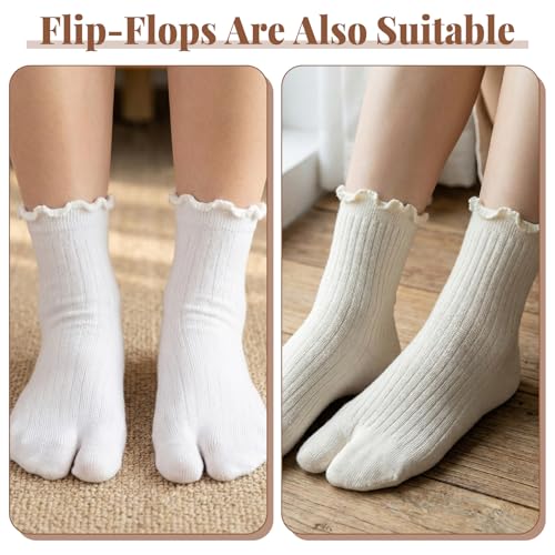 Aysatogc 4 Pairs Tabi Socks Women Split Two Toe Socks Japanese Toes Separated Sock Ruffle Frilly Sports Casual Sock for Men Women Unisex