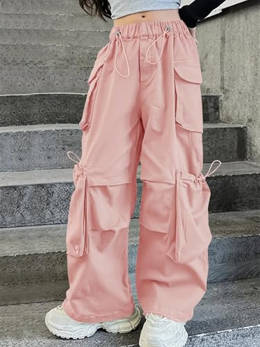 Image of Girls Cargo Pants Wide-Leg Straight Streetwear, 6-14 Years | Elastic Drawstring Vintage Baggy Pants Y2K School Casual