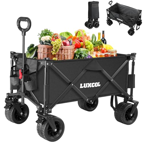 Image of LUXCOL Collapsible Folding Wagon, Heavy Duty Utility Beach Wagon Cart for Sand with Big Wheels, Adjustable Handle&Drink Holders for Shopping, Camping,Garden and Outdoor