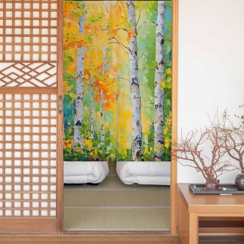 のれん 遮光 おしゃれ 暖簾カーテン 間仕切り 仕切り 目隠し 防寒 防音 厚手 和風 玄関 キッチ リビング 出入り口 グッズ 寝室 春夏秋冬 植物 シラカバの木 夏 油絵 木 幅85x丈170cm