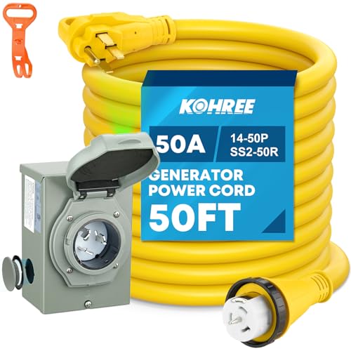 Kohree 50 Amp Generator Cord and Power Inlet Box Kit, 50FT NEMA 14-50P to SS2-50R Generator Extension Cord, 50Amp Pre-drilled Generator Inlet Box with Cable Waterproof Combo Kit, 125/250V, ETL Listed