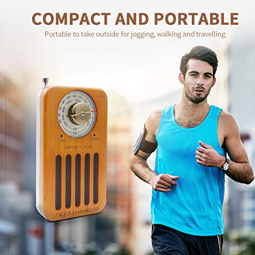 AM/FM Portable Radio, Retro Cherry Wood Pocket Radio with Best Reception, Headphone Jack, Battery Operated Personal Transistor by 2 AA Battery for Jogging, Walking and Travelling