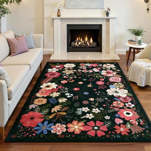 Tapete floral negro 3x5 pies bajo pelaje Vasofe