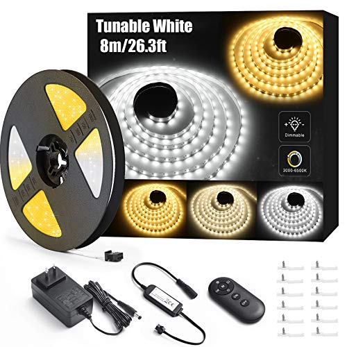 Lyhope LED Strip Lights, 26.3ft Tunable White LED Tape Lights with RF Remote, 24V Dimmable 3000K-6500K 896 LED Christmas Lights for Home Bedroom Kitchen Bar Decoration (Daylight Warm White)