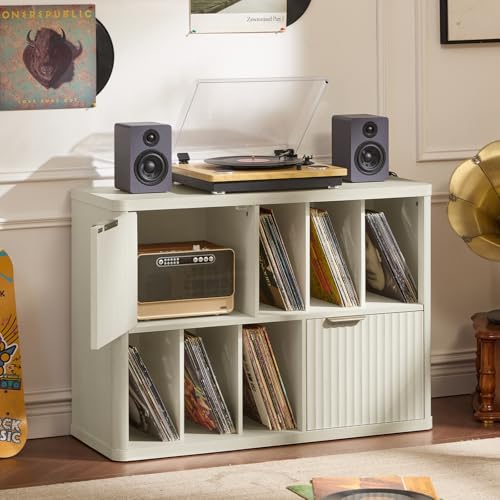 Image of LEYAOYAO Large Record Player Stand with Vinyl Storage Up to 450 Albums, Wood Fluted Record Storage Accent Cabinet, Modern Stereo Media Cabinets, Wide Turntable Stand for Living Room, Antique White
