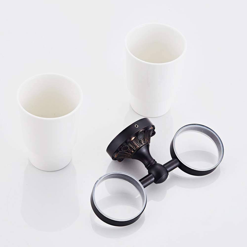 Soporte para cepillo de dientes montado en la pared con 2 vasos de cerámica, soporte para vaso de pasta de dientes, soporte organizador de encimera de baño, accesorios de baño de latón (bronce