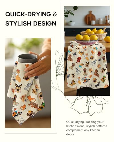 Image of Miss Adola 150GSM Flour Sack Kitchen Towels Set of 2, Dog Lovers | 18 inchx26 inch, Lightweight, Lint-Free, Pure Cotton, Decorative, with Hanging Loop, Absorbent, Softer after Wash, Giftable Package