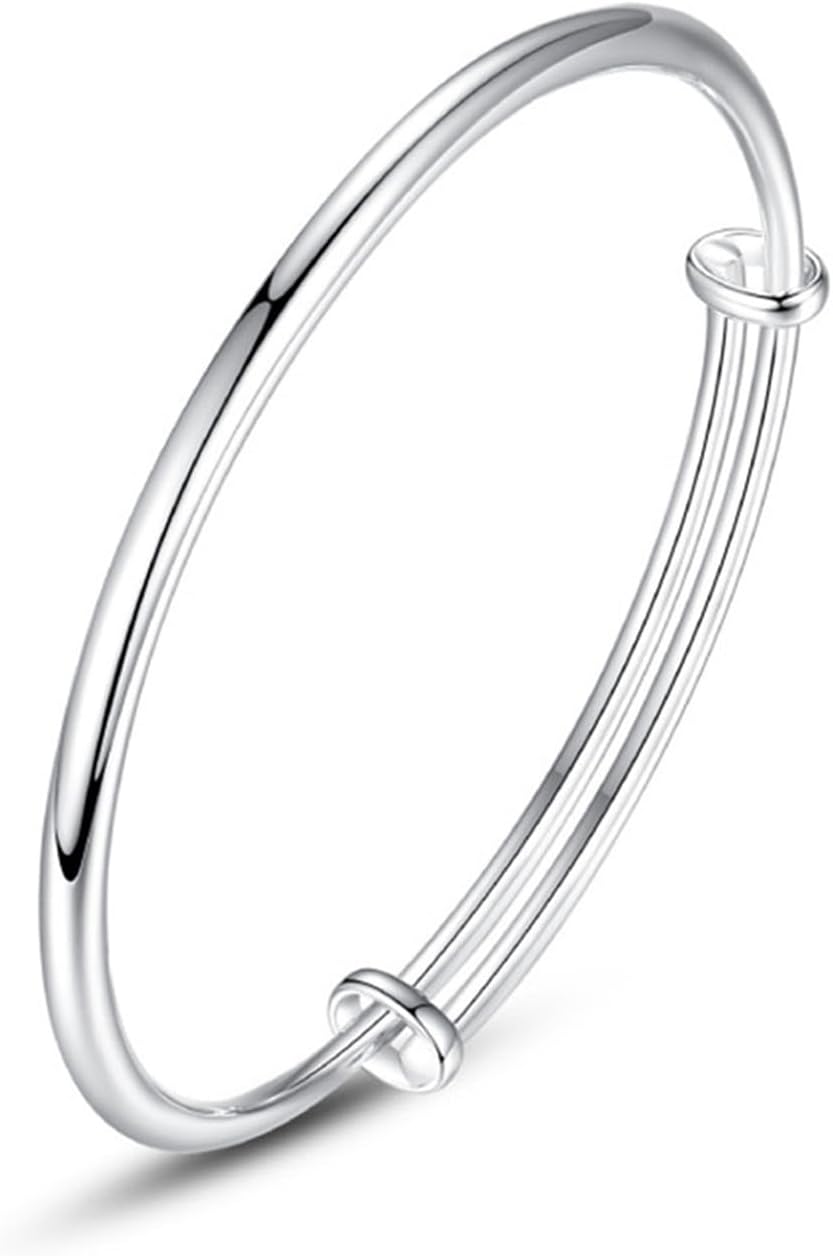 Sterling Silver Bangle Bracelets for Women,Fashion Versatile Simple Adjustable Silver Plated Smooth Face Bracelet,Smooth Face Round Belly Push Pull Silver Bracelet