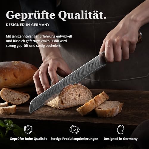 Foto von Wakoli EDIB Brotmesser Wellenschliff aus echtem Damaststahl (VG10 Kern) mit 20 cm Klinge – Scharf & ergonomisch – Damastmesser mit Pakkaholzgriff in Geschenkbox – Brotschneidemesser für krosse Krusten