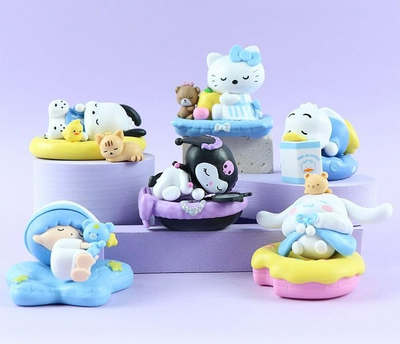 Image of BOENJOY Gifts- Hello Kitty Kuromi Mini Figures Set, 6 Pcs Collectible Sleeping Figurines, Desk Decor, Cake Toppers, Anime Model Toys for Kids & Collectors