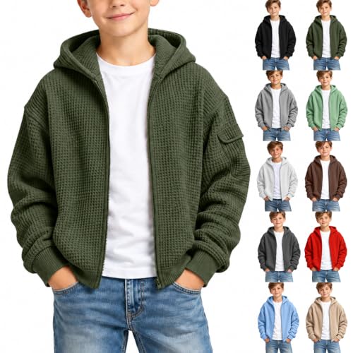 Kids Zip Up Hoodie Waffle Knit Long Sleeve Boy Sweatshirt Jacket Size 8-10 - image 1