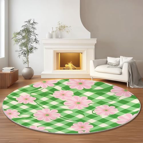 Genérico Alfombra Redonda 90 cm Pelo Corto Retro Cuadros Floral Imprimir Alfombra Redonda para Sala de Estar Dormitorio Mesita de Noche, Antideslizante Lavable Alfombras Rosa Verde