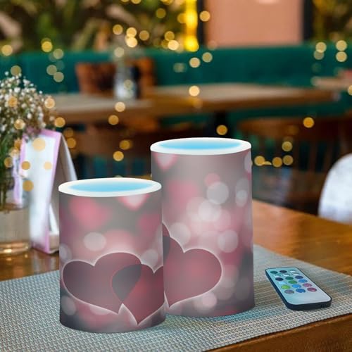 Image of Valentines Lights Flameless Candles Valentines Hearts Bokeh Effect Pillar Candles Set of 2 Battery Operated Remote Control Warm Lights Home Decor