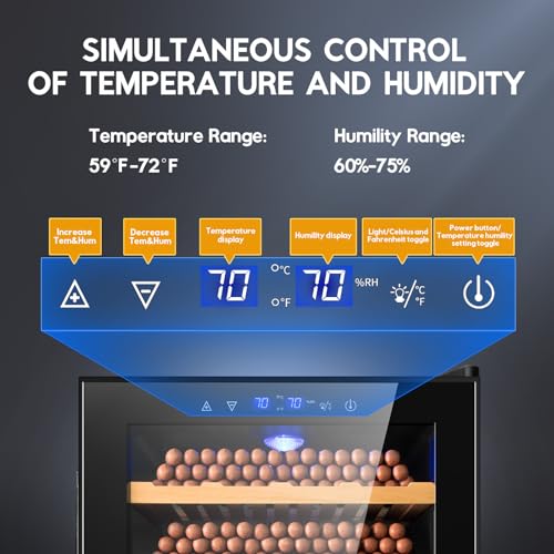Image of Tylza Cigar Humidor Cabinet 70L, Temp & Humidity Control Electric Humidors for Cigars, 550 Cigars, Digital Hygrometer, Safety Lock, Cigar Humidors with Cedar Wood Drawer Shelves, Cigar Gifts for Men