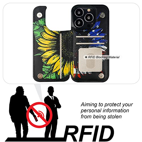 Image of HAOPINSH for iPhone 13 Pro Case Wallet with Card Holder, American Flag Sunflowers Pattern Back Flip Folio PU Leather Kickstand Card Slots Case for Women Girls, Double Magnetic Clasp Cover 6.1 inch