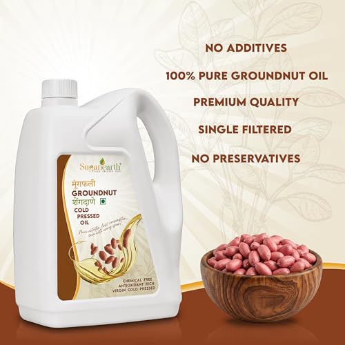 Image of Sugan Earth Cold Pressed Groundnut Oil 4500ml | 100% Natural & Unrefined Sing Tel, Penut Oil | 0 trans fat, Chemical free Pure Singdana Tel | Kolhu, Kacchi Ghani, Mara Chekku, Ganuga | Expeller Pressed Rich Flavor Cooking Oil | Single Filtered Edible Oil