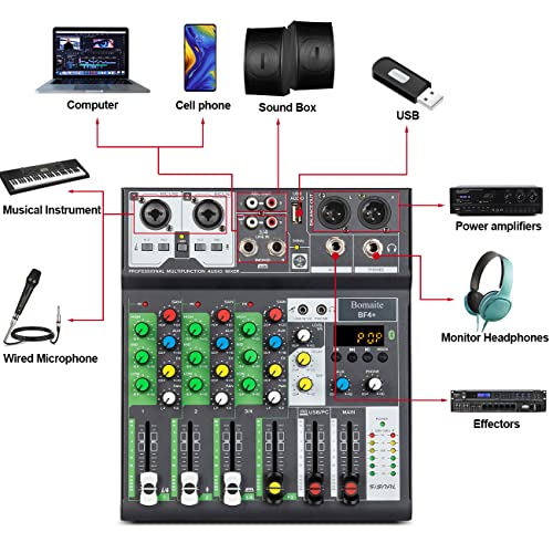 Bomaite Bf4+ Mini Audio Dj Mixer Sound Board Console System,4 Channel 48V Phantom Power With Bluetooth Usb Mp3 Stereo Live Dj Studio Streaming For Professional Computer Recording Party Ktv Stage #TOP5