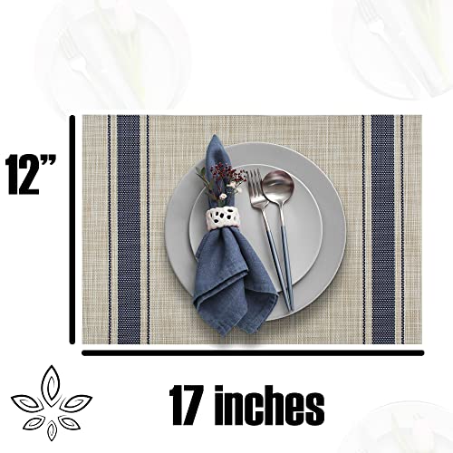 More Décor Dining Table Placemats, Washable Heat-Resistant Pvc Vinyl Table Mats For Dining Room And Kitchen, Anti-Slip - Set Of 6 - Vertical Striped Blue - Grey #TOP3