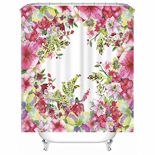 Skcess Cortina de ducha de baño blanco rosa, cortina de ducha de poliéster impermeable con flores florecientes hojas cortina de ducha antimoho 90 x 180 cm