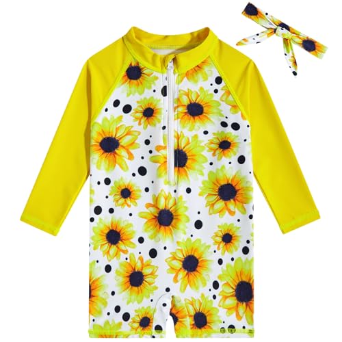 Image of TUPOMAS Baby Girls Swimsuit Long Sleeve Sunflower Bathing Suit Sun Protect Rashguard One Piece Swimwear 12-18 Months