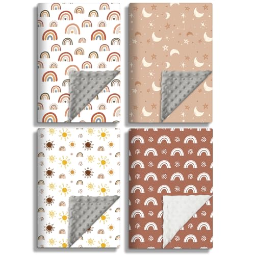 Image of 4 Pack Soft Boho Baby Blankets for Unisex Girls or Boys - Breathable Gender Neutral Nursery Double Layer Blankets with Dotted Backing and Boho Print for Newborn Toddlers