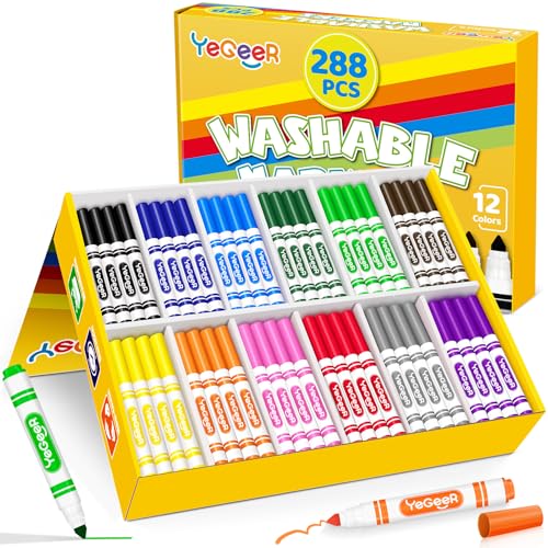 Image of YEGEER 288 Count Washable Markers Bulk - 12 Assorted Colors, Broad Tip Markers for Kids, School and Teacher Classroom Supplies, Perfect for Art and Coloring.(288)
