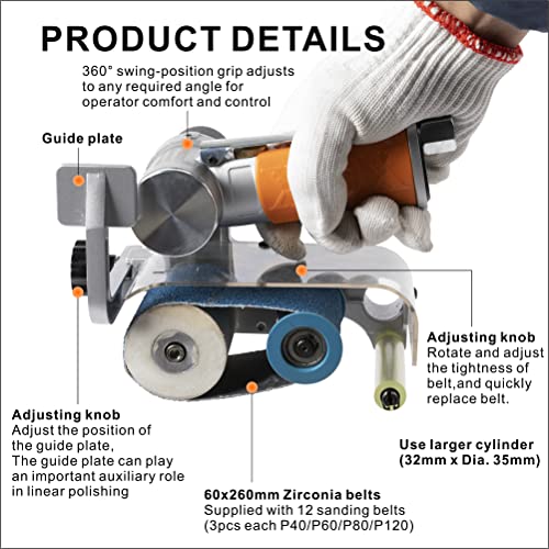 Image of Air Belt Sander 2-3 /8 inch x 10-1 /4 inch Belt Size Pneumatic Tool with 12pc Belts (#40, #60, #80 & #120), Good for Deburring, Sanding and Finishing (2-3 /8 inch x 10-1 /4 inch Sander)