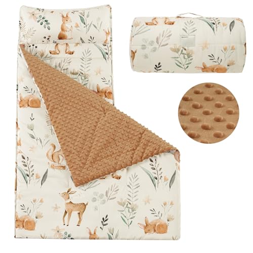 PHF Toddler Nap Mat with Removable Pillow and Minky Blanket, Rollup Design Kids Sleeping Mat Slumber Bags, 50'x20' Toddler Sleeping Bag for Daycare Preschool Travel Camping, Woodland & Animal