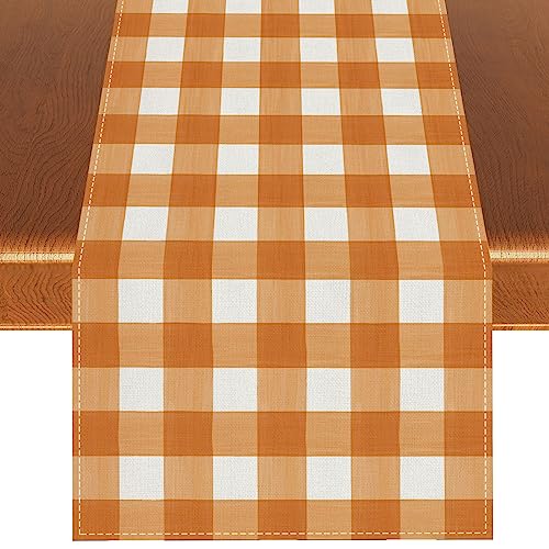 Camino de mesa de lino a cuadros con diseño de búfalo naranja y blanco a cuadros, mantel, granja, Pascua, primavera, otoño, hogar, cocina, mesa, 13 x 72 pulgadas (naranja y blanco)