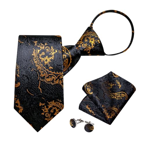 Image of DiBanGu Mens Zipper Ties Silk Adjustable Necktie Pocket Square