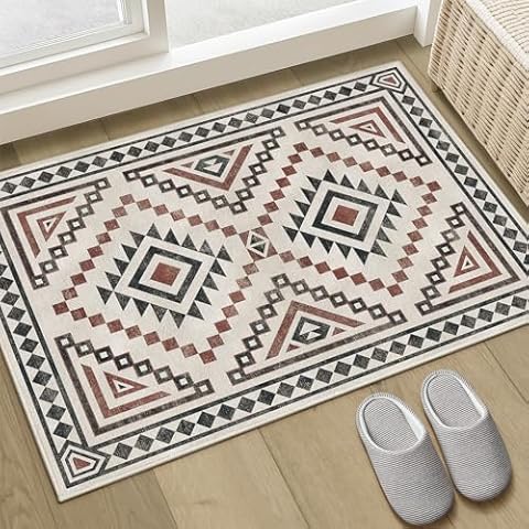 KONYXALU Entryway Boho Washable Rug, 2x3 Small Throw Area Rug Faux Wool Non Slip Backing, Rug for Indoor Front Entrance Kitchen Bathroom Vintage Carprt, Red Cover