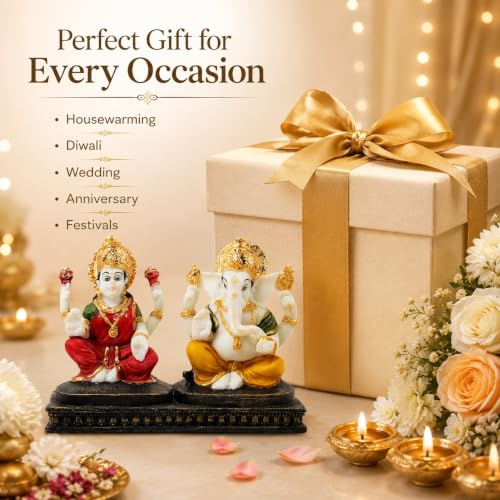 Image of ARMONIA Premium Laxmi Ganesha Idol for Home Decor & Pooja | 4.7 Inch Handmade Ganesh Murti | Marble Finish Polystone Lakshmi Ganpati Statue for Mandir, Office | Best Gift for Wedding & Housewarming