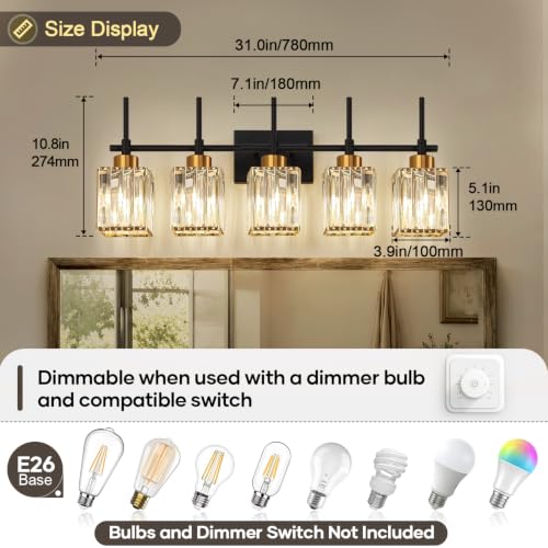 Image of Torondo Modern Crystal Bathroom Vanity Light 5-Lights Gold Bathroom Light Fixtures Over Mirror Black and Gold Vanity Lighting Fixtures Gold Square Shade Brass Wall Sconce (Bulbs Not Include)