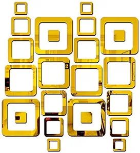 Bikri Kendra - 4 Set Square Golden Decorative Mirror Stickers for Wall, Wall Mirror Stickers, 3D Acrylic Stickers Wall Stickers for Hall Room, Bed Room, Kitchen Living Room Kids Room.