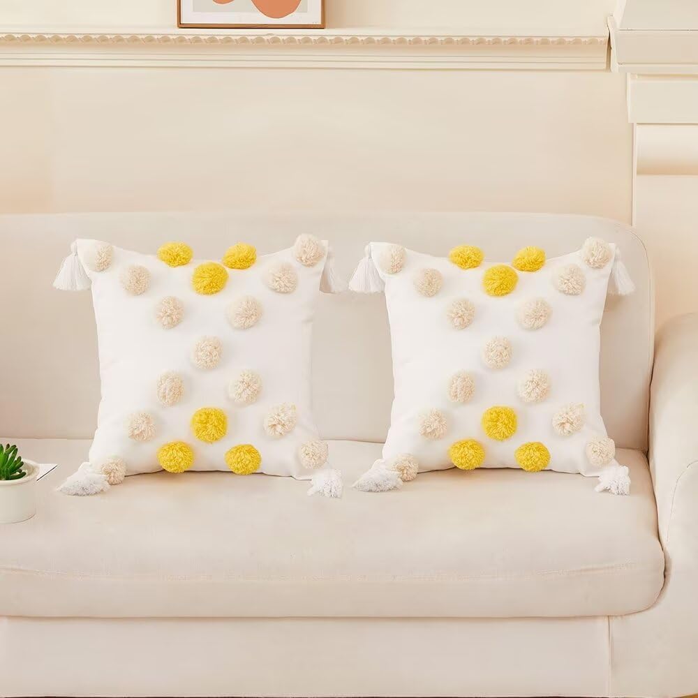 Ivory Decorative Throw Pillow Covers 18x18 Set of 2 Soft Pom Poms Tufted Pillow Covers Modern Boho Farmhouse Accent Pillow Cases for Sofa Couch Cushion Covers
