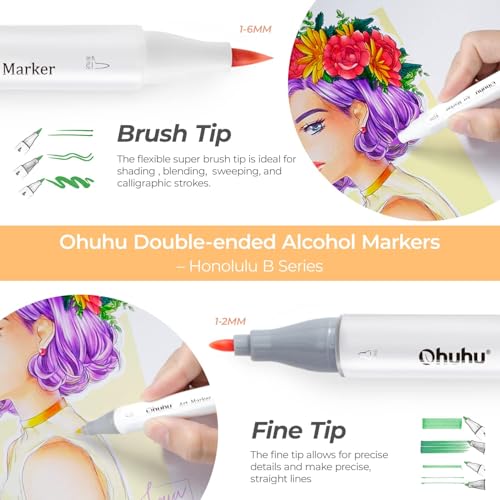 Image of Ohuhu Alcohol Markers Brush Tip -Double Tipped Art Marker Set for Artist Adults Coloring Illustration -120 Colors -Brush &Fine -Honolulu B-Refillable, Multicolour