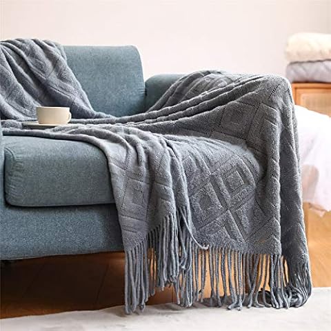 Knitted Throw Blankets Tassels Solid Warm Lightweight Cozy Soft Decorative Blanket For Sofa,Couch,Bed (Blue Grey, 132x203cm) Cover