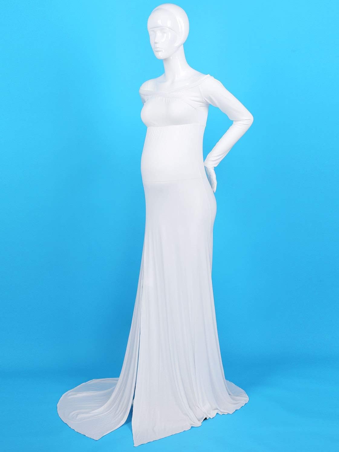 ACSUSS Pregnant Women Close-Fitting Side Split Maternity Gown Elegant Long Sleeve V Neck Maxi Dress for Photography