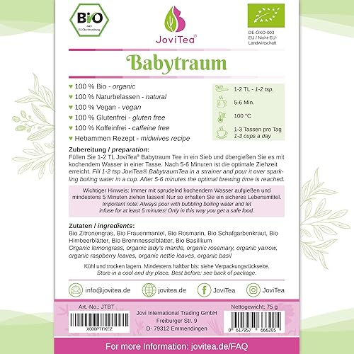 JoviTea® Babytraum Tee BIO Klapperstorch – Traditionelle Rezeptur - spezielle Kräutermischung – aus kontrolliert biologischem Anbau. 100% natürlich und ohne Zusatz von Zucker - 75g