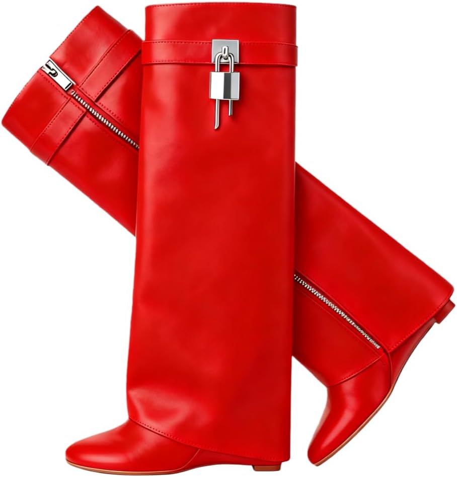 Pointy Pull-on Wedge Heel Knee Shark Boot Fold Over Boots for Women Lockup High-heeled Knee-high Boots