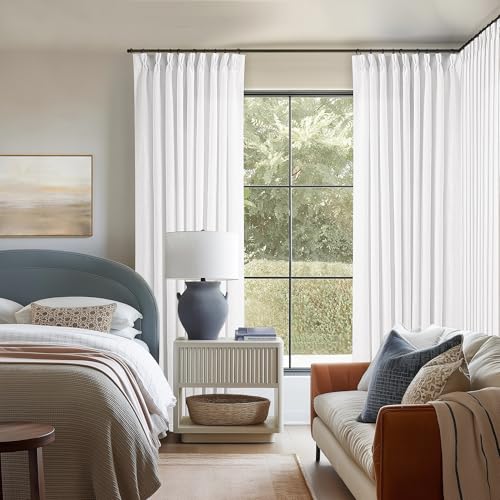 Image of Pleated Linen Curtains 120 Inches Long 60 Inch Width Extra Wide for Living Room Bedroom White Semi Sheer 120 Inch Length Back Tab Hooks Rings Pinch Pleat Curtains for Patio Glass Door 1 Panel