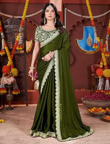 Image of DHARMEE Women's Elegant Designer Sarees Premium Rangoli Fabric with Embellished Border, Lightweight and Stylish Ethnic Wear - Perfect for Parties, Weddings, and Festive Occasions..