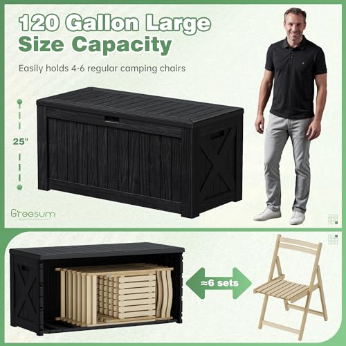 Image of Greesum Outdoor Storage Box 120 Gallon Storage Bin with Lid for Patio Furniture, Garden Tools, Pool Supplies, Lockable, Waterproof and UV Resistant, Black