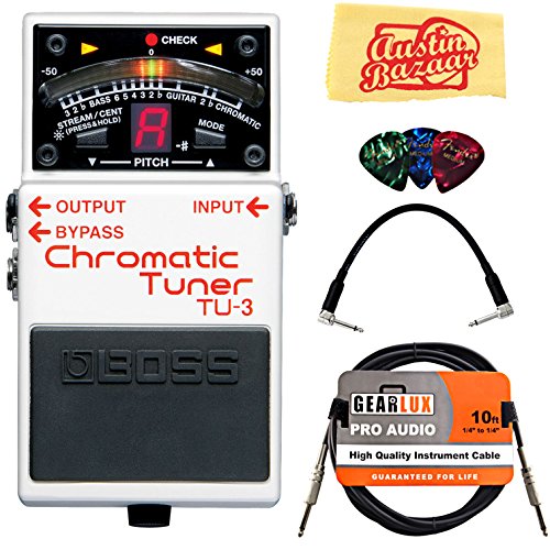 Boss TU-3 Chromatic Tuner Bundle with Gearlux Instrument Cable, Patch Cable, Picks, and Austin Bazaar Polishing Cloth
