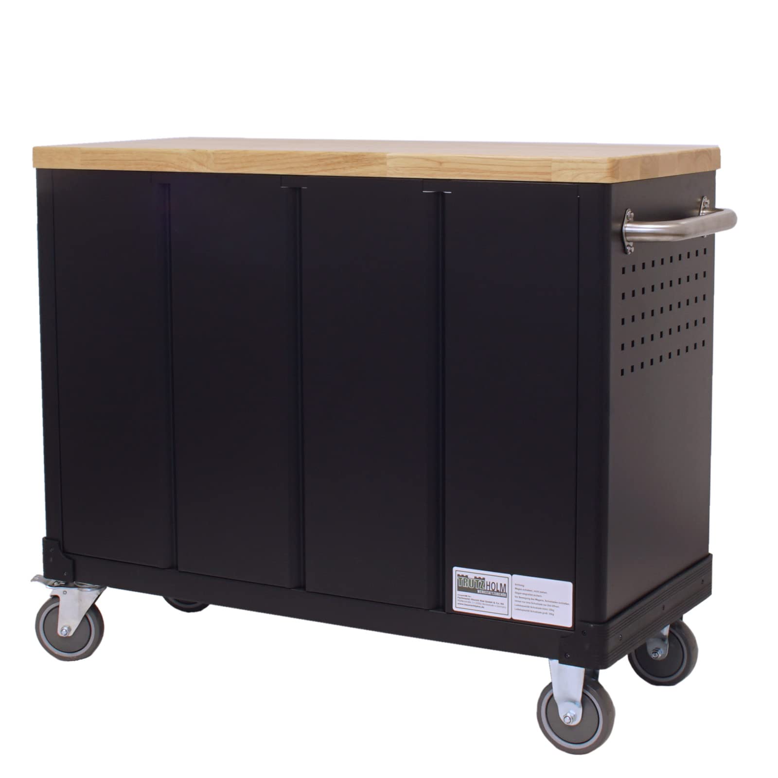 TRUTZHOLM Werkzeugwagen leer Deluxe, Werkstattwagen mit 6 Schubladen & Türfach, abschließbarer Werkzeugschrank rollbar mit Massivholz-Arbeitsplatte, fahrbare Werkbank 108 x 46,5 x 77 cm, grün/schwarz