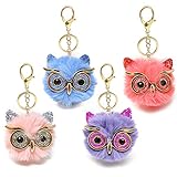 Honbay 4PCS Faux Rabbit Fur Pom Pom Keychain Fluffy Cute Owl Keychain for Womens Bag School Bag Purse Cellphone or Car Pendant (4 Color)