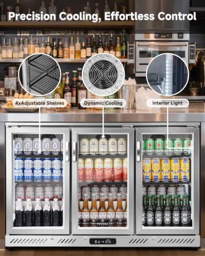Image of BODEGA 53 inch W Back Bar Cooler Stainless Steel Counter Height Beverage Fridge, 11.4 Cu.Ft Commercial Beer Fridge, 3 Glass Door Display Drink Cooler with LED Light for Bar Pub Night Club