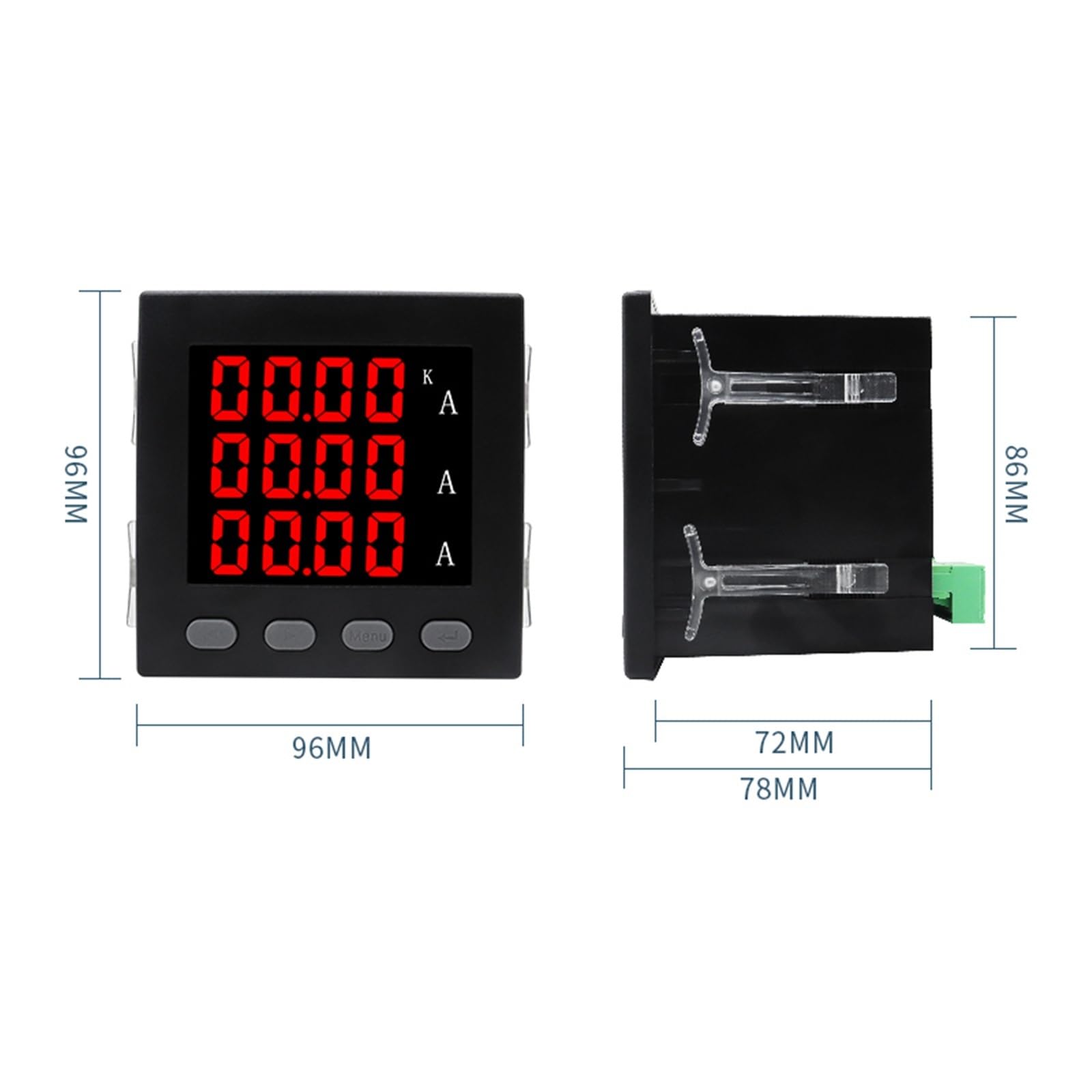 Amperometro LED trifase 96 x 96 mm display digitale con trasformatore di corrente