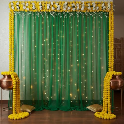 Image of Party Propz Green Backdrop Decoration Set - 3Pcs Green Backdrop Cloth for Decoration 2pc & Ribbon 1pc, Mehendi Decorations Items for Home, Net Curtain Decor, Mehandi Backdrop Decorations(Satin Mix)