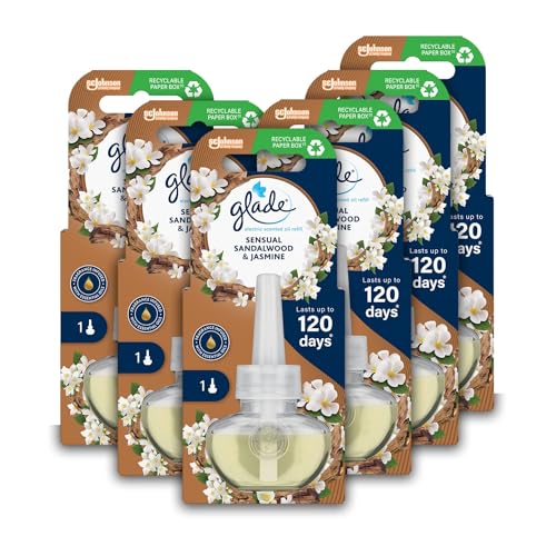 Glade Plug in Air Freshener Refill Electric Scented Oil Room Air Freshener Sandalwood & Jasmine Pack of 6 (6 x 20ml)